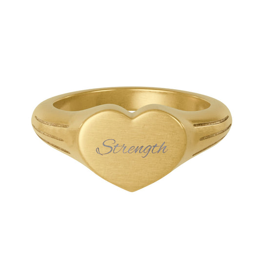 Gold Heart Signet Ring — Engraved “Strength” Stainless Steel