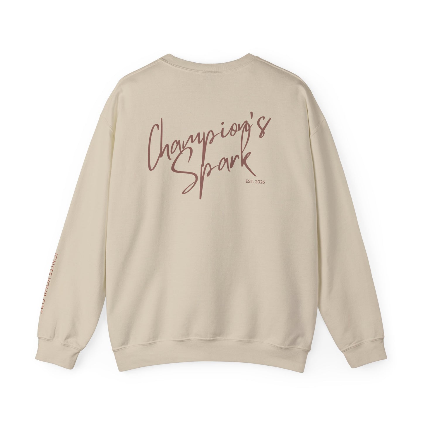Champion's Spark Crewneck Sweatshirt | scripted back text, flame chest logo
