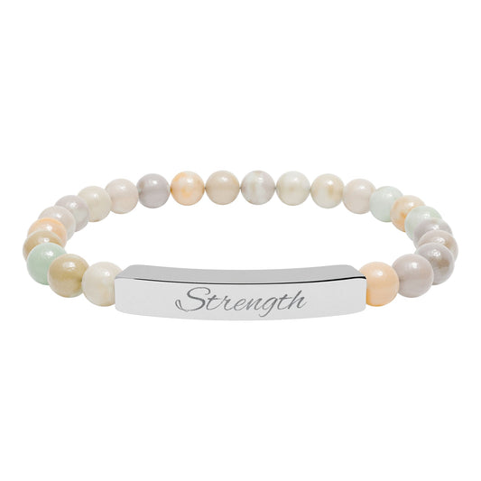 Engraved 'Strength' Natural Stone Stretch Bar Bracelet — Healing Gem Beaded Bracelet