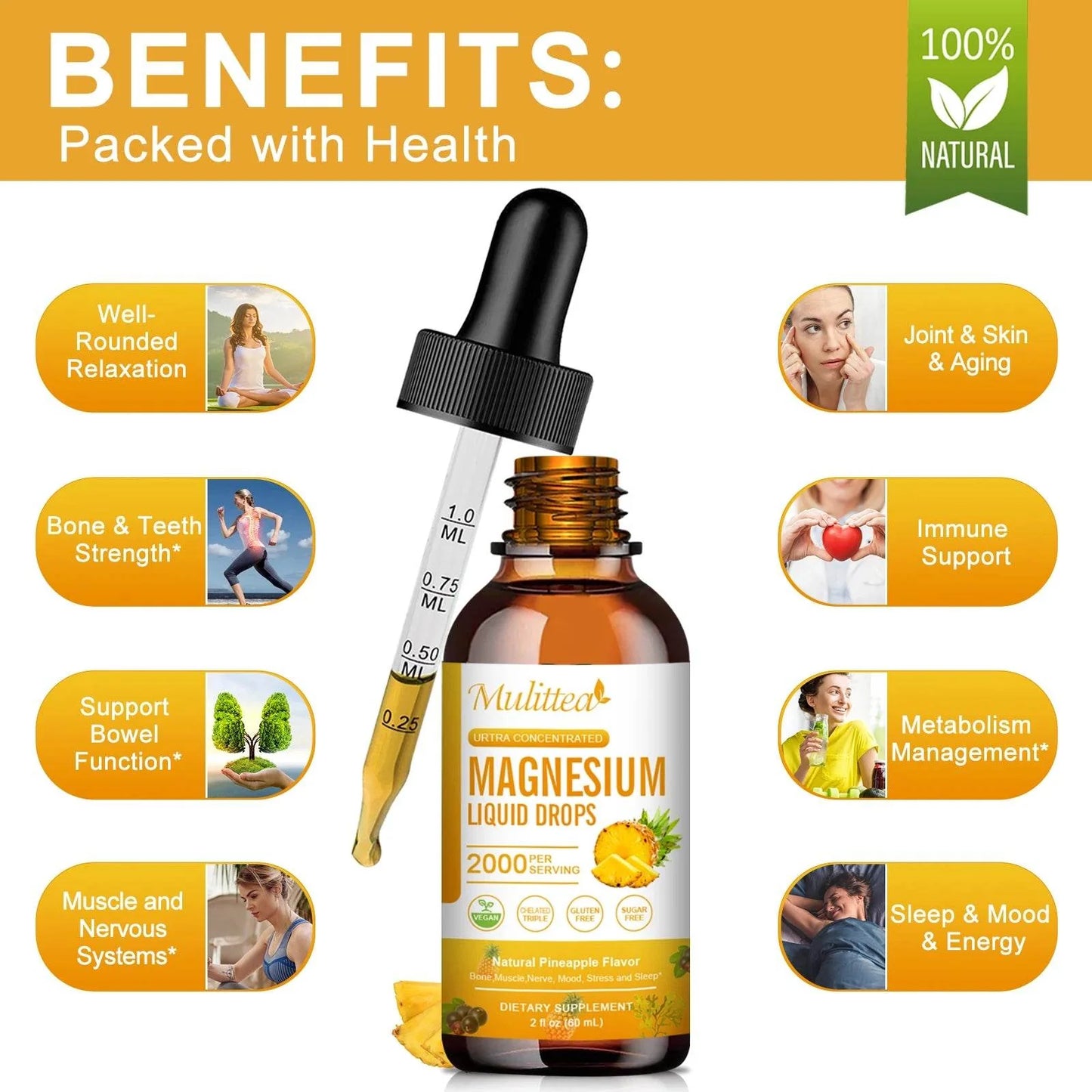 Mulittea Magnesium Glycinate Drops In Pineapple Flavor For Calming Mood, Muscles  Sleep, Promoting Nerves and Relaxation