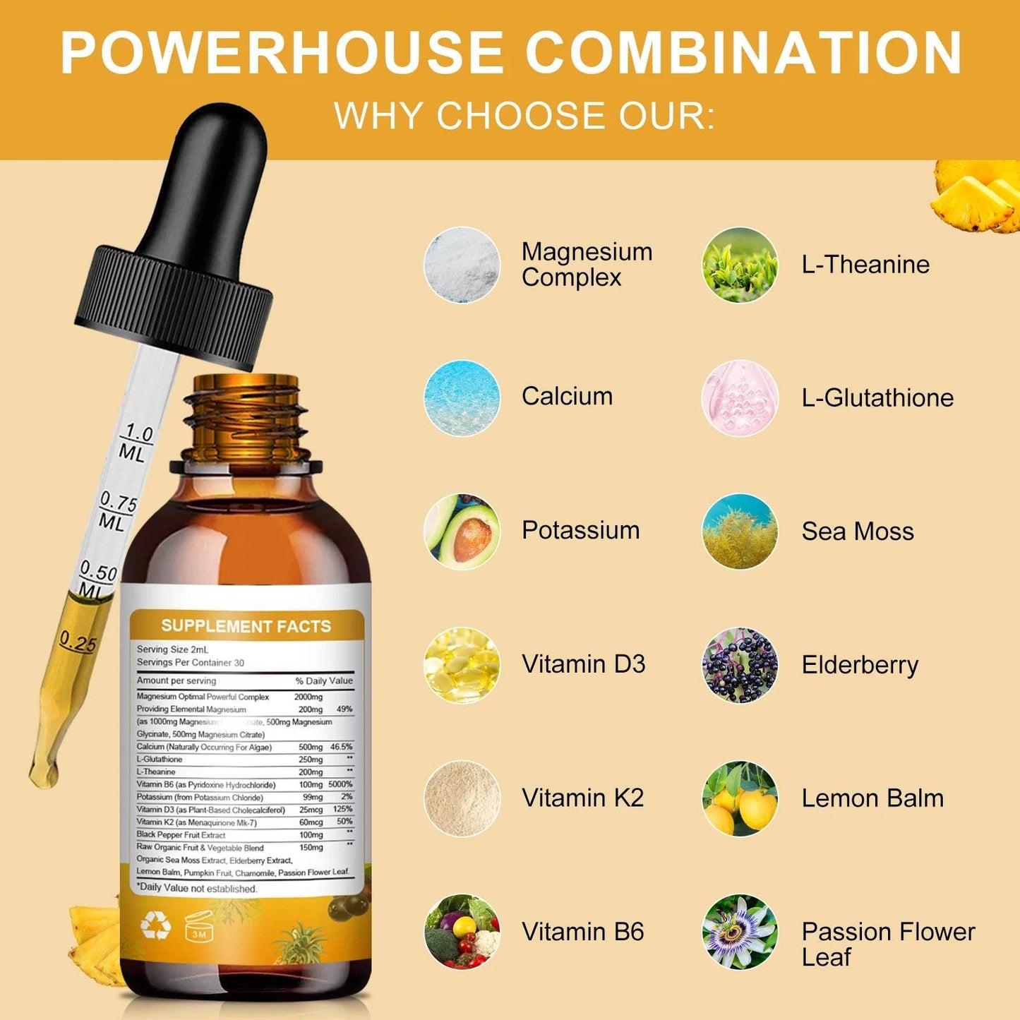 Mulittea Magnesium Glycinate Drops In Pineapple Flavor For Calming Mood, Muscles  Sleep, Promoting Nerves and Relaxation