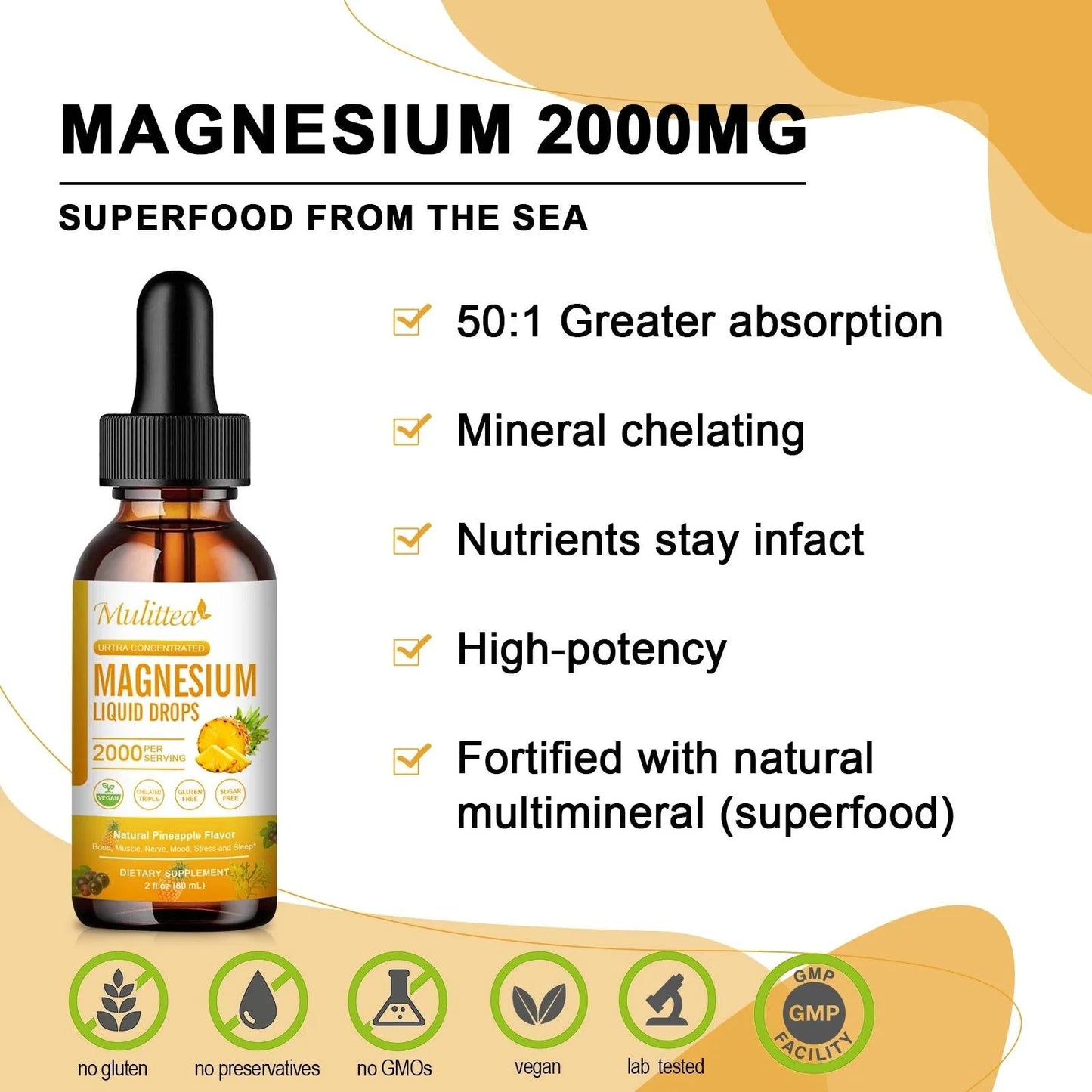 Mulittea Magnesium Glycinate Drops In Pineapple Flavor For Calming Mood, Muscles  Sleep, Promoting Nerves and Relaxation